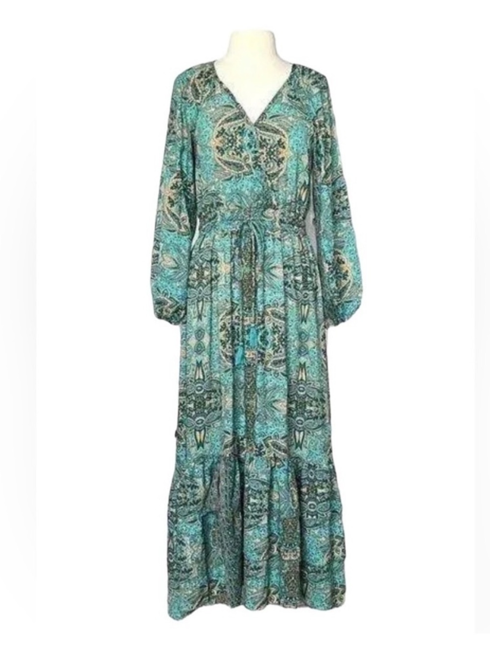 BOEMO Paisley Print Long Sleeve Tiered Maxi Dress Large Women's Green Yellow